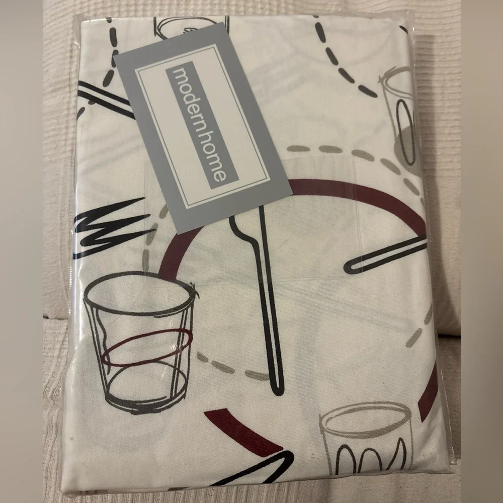 ModernHome 180cm Round Tablecloth Cotton Utensils Print White Gray Burgundy NWT